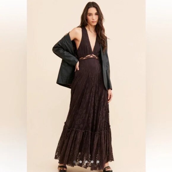 Free People One More Night Pieced Lace Ethereal flounce hem Maxi Dress in Onyx 6 - Picture 4 of 12